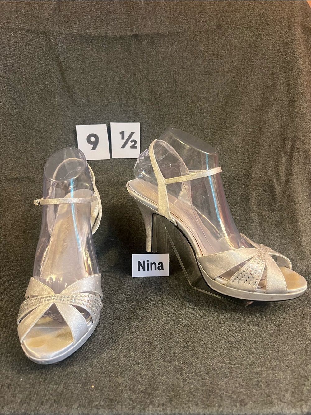 Nina Silver Satin Open-Toe Rhinestone High Heels
